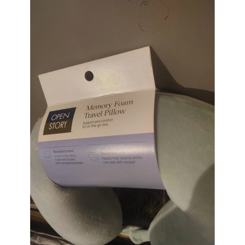 Open Story Memory Foam Travel Neck Pillow Light Blue Mint Snap Closure NWT